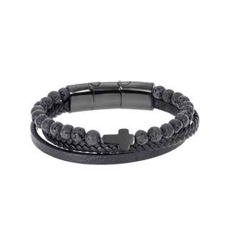 Βραχιόλι Senza Men&#039;s Steel Black Leather Strap with Black Cross