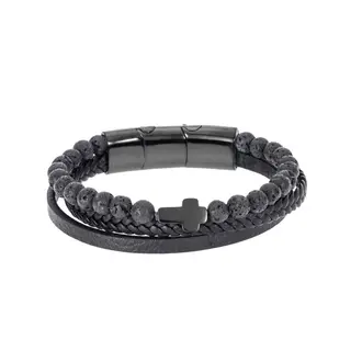 Βραχιόλι Senza Men&#039;s Steel Black Leather Strap with Black Cross