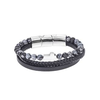 Βραχιόλι Senza Men&#039;s Steel Black Leather Strap with Cross