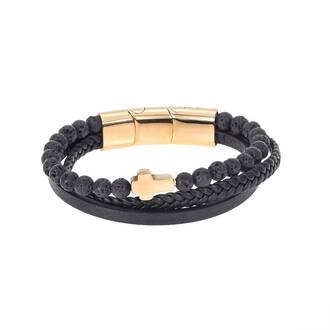Βραχιόλι Senza Men&#039;s Steel Black Leather Strap with Gold Cross