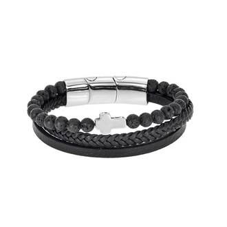 Βραχιόλι Senza Men&#039;s Steel Black Leather Strap with Silver Cross