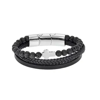 Βραχιόλι Senza Men&#039;s Steel Black Leather Strap with Silver Cross