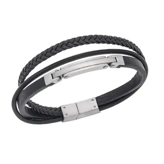 Βραχιόλι Senza Men&#039;s Silver Stainless Steel With Black Leather