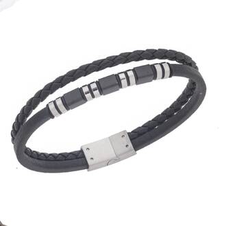 Βραχιόλι Senza Men&#039;s Silver&amp;Black Stainless Steel With Black Leather