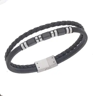 Βραχιόλι Senza Men&#039;s Silver&amp;Black Stainless Steel With Black Leather