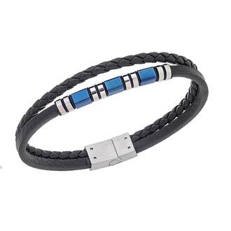 Βραχιόλι Senza Men&#039;s Silver&amp;Blue Stainless Steel With Black Leather