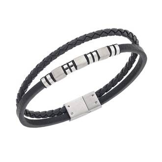 Βραχιόλι Senza Men&#039;s Silver Stainless Steel With Black Leather
