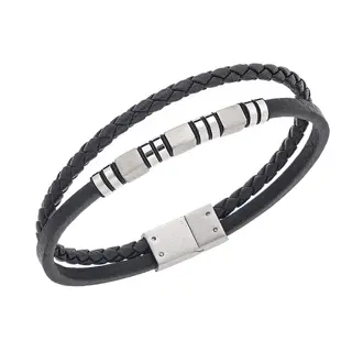 Βραχιόλι Senza Men&#039;s Silver Stainless Steel With Black Leather