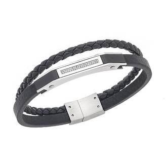 Βραχιόλι Senza Men&#039;s Silver Stainless Steel With Black Leather