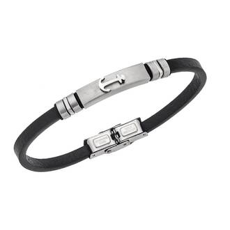 Βραχιόλι Senza Men&#039;s Steel, Black Leather Strap With Anchor