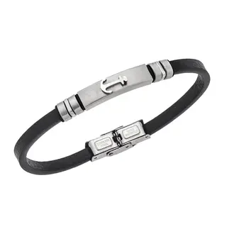 Βραχιόλι Senza Men&#039;s Steel, Black Leather Strap With Anchor