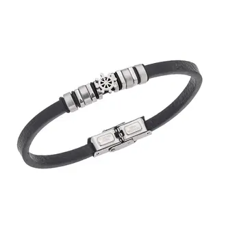 Βραχιόλι Senza Men&#039;s Steel, Black Leather Strap