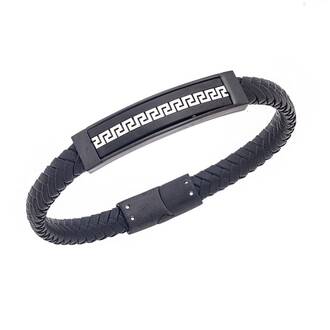 Βραχιόλι Senza Men&#039;s Steel Black Leather Strap, με Μαίανδρο
