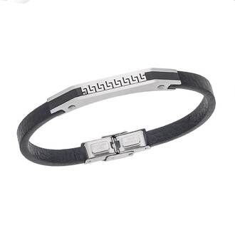 Βραχιόλι Senza Men&#039;s Steel Black Leather Strap, με Μαίανδρο