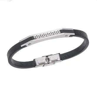 Βραχιόλι Senza Men&#039;s Steel Black Leather Strap, με Μαίανδρο