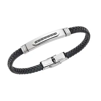 Βραχιόλι Senza Men&#039;s Steel Black Leather Strap, με Μαίανδρο