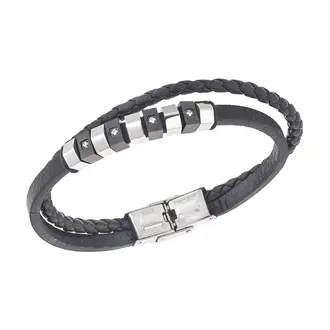 Βραχιόλι διπλό Senza Men&#039;s Steel, Black Leather Strap, με ασημί &amp; μαύρα στοιχεία και πέτρες