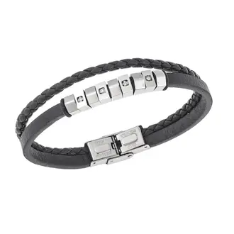 Βραχιόλι διπλό Senza Men&#039;s Steel, Black Leather Strap, με ασημί στοιχεία και πέτρες