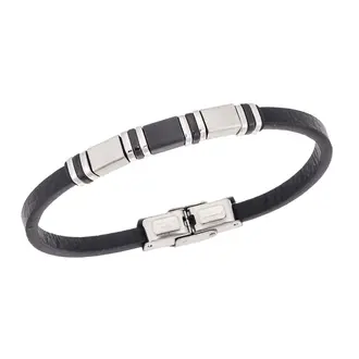 Βραχιόλι Senza Men&#039;s Gold Plated Steel, Black Leather Strap, με δίχρωμα στοιχεία