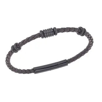 Βραχιόλι Senza Men&#039;s Steel, Brown Leather Strap, με μαύρα στοιχεία