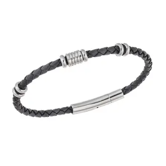 Βραχιόλι Senza Men&#039;s Steel, Black Leather Strap, με ασημί στοιχεία