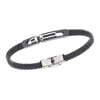 Βραχιόλι Senza Men&#039;s Steel, Black Leather Strap, με δίχρωμο σχέδιο