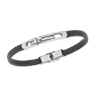 Βραχιόλι Senza Men&#039;s Steel, Black Leather Strap, με ασημί σχέδιο
