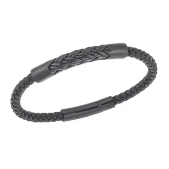Βραχιόλι Senza Men&#039;s Steel, Black Leather Strap, με μαύρο σχέδιο