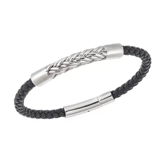 Βραχιόλι Senza Men&#039;s Steel, Black Leather Strap, με ασημί σχέδιο