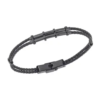 Βραχιόλι Senza Men&#039;s Black Steel, Black Leather Strap, με μαύρο σχέδιο