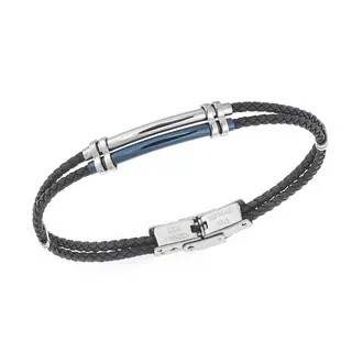 Βραχιόλι Senza Men&#039;s Steel, Black Leather Strap, με ασημί &amp; μπλε σχέδιο