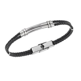 Βραχιόλι Senza Men&#039;s Steel, Black Leather Strap, με ασημί σχέδιο
