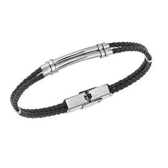 Βραχιόλι Senza Men&#039;s Steel, Black Leather Strap, με ασημί σχέδιο