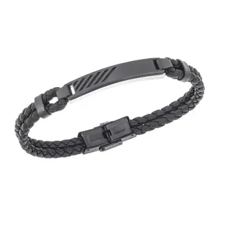 Βραχιόλι Senza Men&#039;s Steel, Black Leather Strap, με ασημί &amp; μαύρο σχέδιο