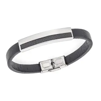 Βραχιόλι Senza Men&#039;s Steel, Black Leather Strap, με ασημί &amp; μαύρο σχέδιο