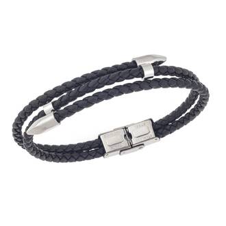 Βραχιόλι Senza Men&#039;s Steel, Black Leather Strap, με ασημί &amp; μαύρο σχέδιο