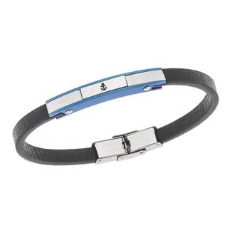 Βραχιόλι Senza Men&#039;s Steel, Black Leather Strap, ασημί &amp; μπλε σχέδιο με άγκυρα