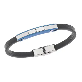 Βραχιόλι Senza Men&#039;s Steel, Black Leather Strap, ασημί &amp; μπλε σχέδιο με άγκυρα