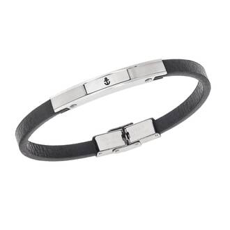 Βραχιόλι Senza Men&#039;s Steel, Black Leather Strap, ασημί σχέδιο με άγκυρα
