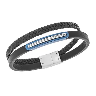 Βραχιόλι Senza Men&#039;s Steel, Black Leather Strap, ασημί &amp; μπλε πλακέτα με πέτρες