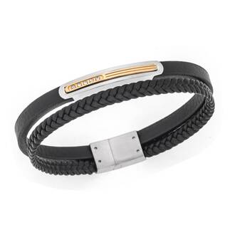 Βραχιόλι Senza Men&#039;s Steel, Black Leather Strap, ασημί &amp; χρυσή πλακέτα με πέτρες