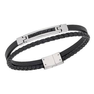 Βραχιόλι Senza Men&#039;s Steel, Black Leather Strap, ασημί πλακέτα με μαύρες πέτρες