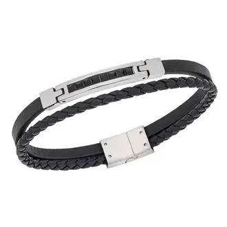Βραχιόλι Senza Men&#039;s Steel, Black Leather Strap, ασημί πλακέτα με μαύρες πέτρες