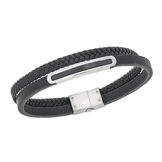 Βραχιόλι διπλό Senza Men&#039;s Steel, Black Leather Strap, με δίχρωμη ταυτότητα