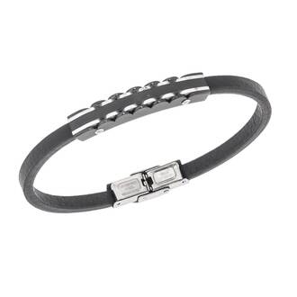 Βραχιόλι Senza Men&#039;s Steel, Black Leather Strap, με μαύρη ταυτότητα