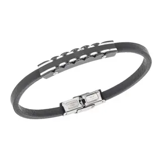 Βραχιόλι Senza Men&#039;s Steel, Black Leather Strap, με μαύρη ταυτότητα