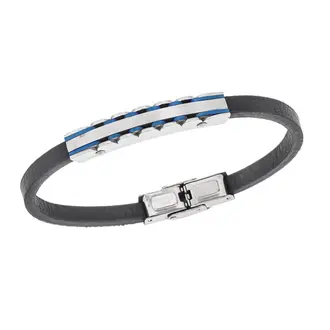 Βραχιόλι Senza Men&#039;s Steel, Black Leather Strap, με ασημί ταυτότητα