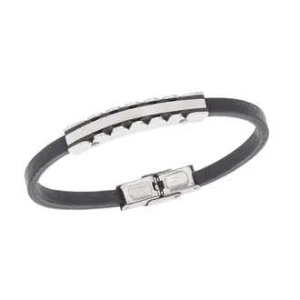 Βραχιόλι Senza Men&#039;s Steel, Black Leather Strap, με χρυσή ταυτότητα