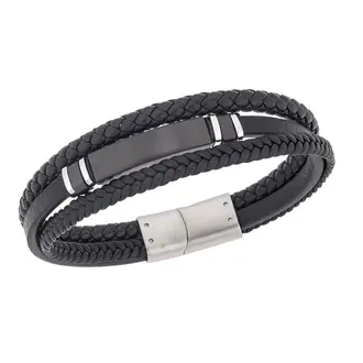 Βραχιόλι τριπλό Senza Men&#039;s Steel, Black Leather Strap, με μαύρη ταυτότητα