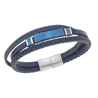 Βραχιόλι τριπλό Senza Men&#039;s Steel, Blue Leather Strap, με μπλε ταυτότητα